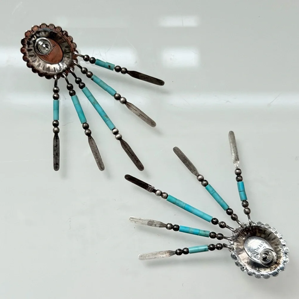Vtg Signed Q.T Quoc Southwest Style Sterling925 &Turquoise Dangle Earrings 2.25” - Picture 6 of 7